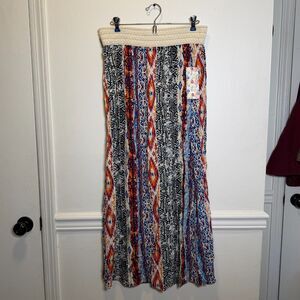 APII Boho Maxi Skirt Tribal Aztec Print Crochet Waist Rayon Festival NWT M